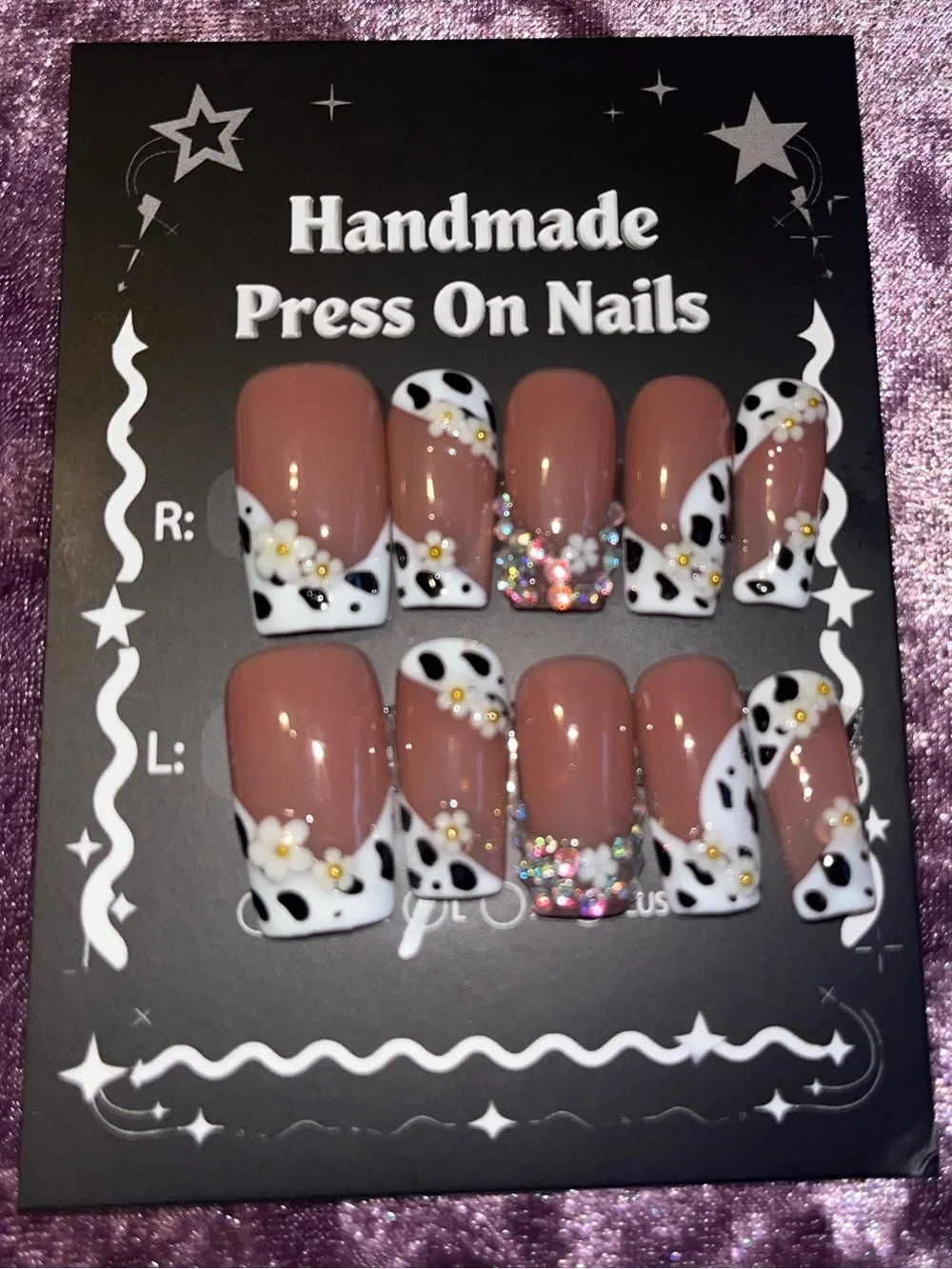 Handmade Press On Nails - Mauve Brown Daisy Cow Print Set